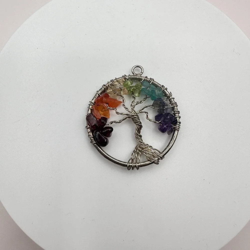 Vintage 90s Silver Tone Tree of‎ Life Pendant Beaded Women's Classic Jewelry